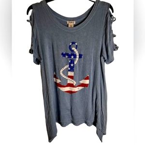STITCH WURKS | Red,White,Blue Distressed Nautical Cold Shoulder Top | Large